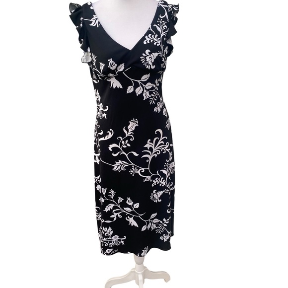 La Belle Black and White Floral Midi Dress Cap Ruffle Sleeve Vintage Y2K Medium - Picture 2 of 11